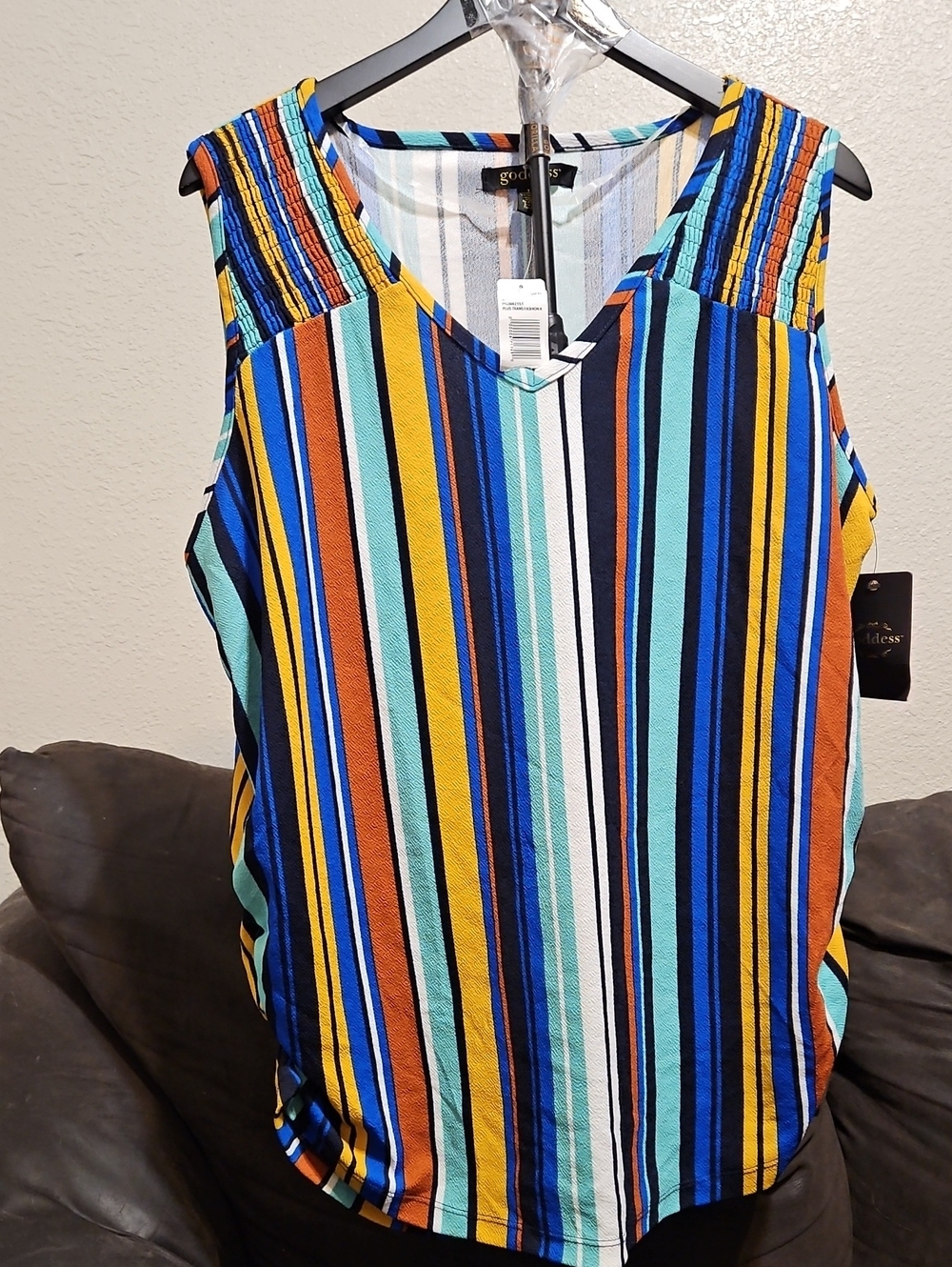 Goddess V-Neck Sleeveless Striped Tank in Blue, Yellow & Black
